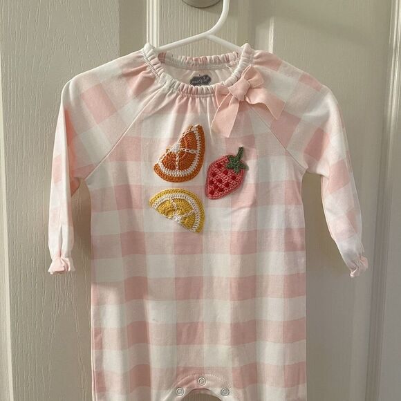 Mud Pie Fruit Applique Sleeper Footie Pink Gingham Girls Size 6-9 Months NWT - Picture 2 of 10